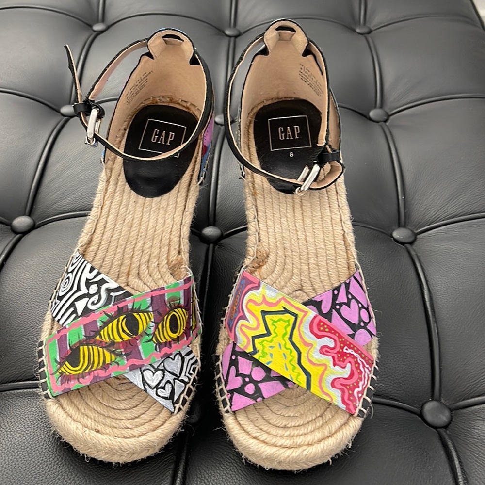 Hand painted espadrille wedges. Size 8.